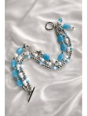 REIMAGINED 8” Blue & White Glass Bead Bracelet Multi Strand Toggle